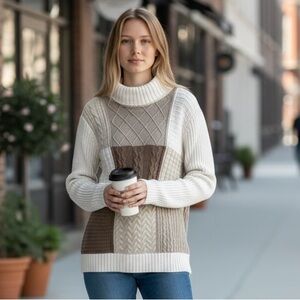 Vintage Liz & Co Patchwork Style Cableknit Turtleneck Cream Tan Earthtones 2x